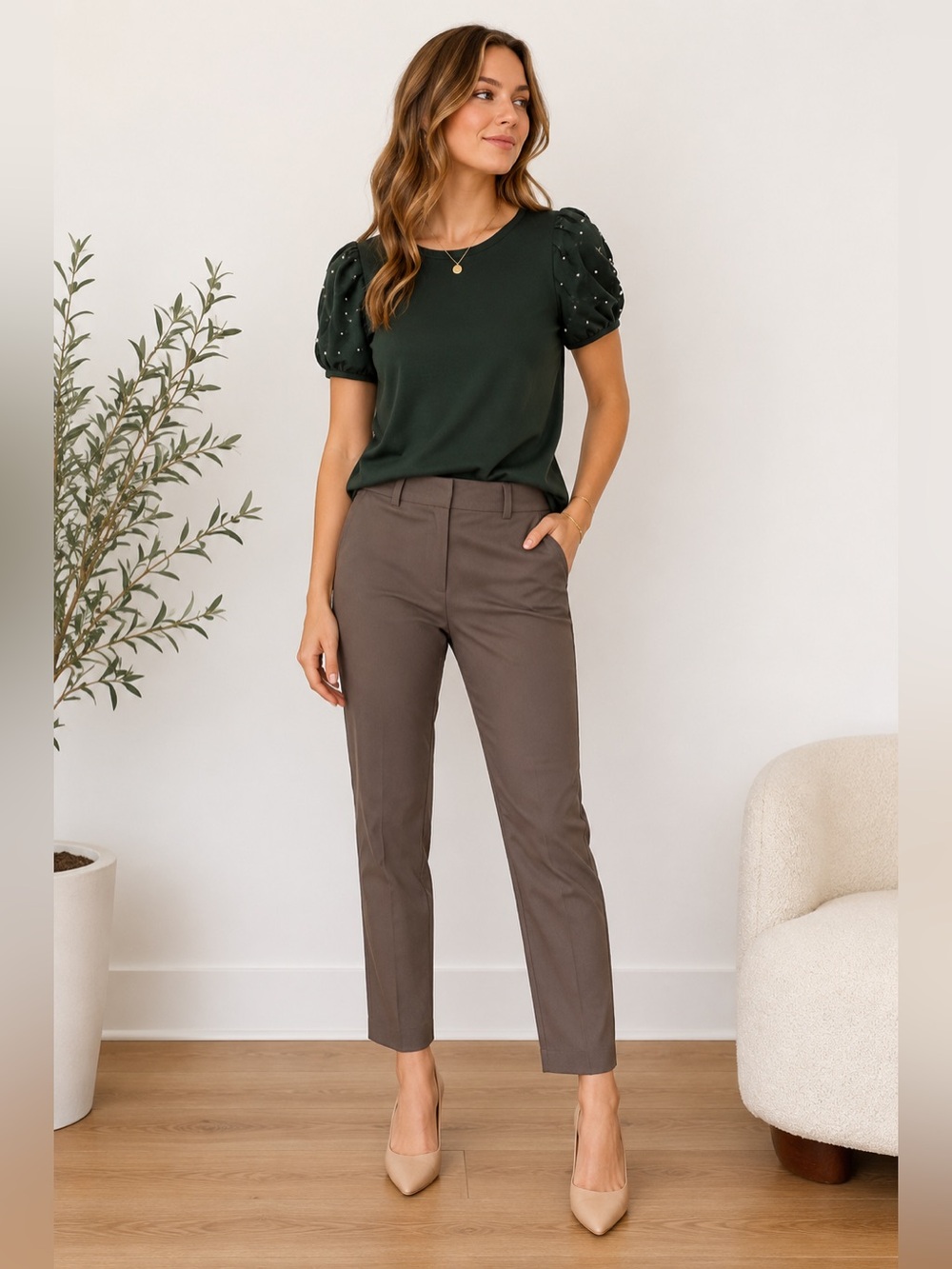 Women’s Business Casual Office Outfit Olive Pearl Blouse & H&M Ankle Pants